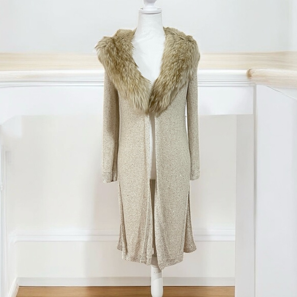 White House Black Market Faux Fur Sequin Duster Coat – XS – Champagne